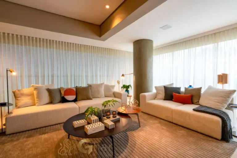 Living integrado do apartamento decorado de 153 m² no Ibirapuera Park Houses em Moema