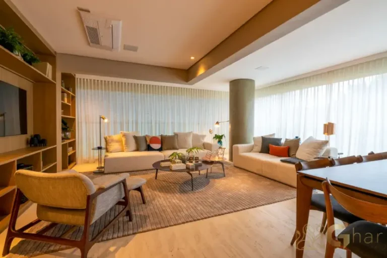 Sala de estar do apartamento decorado de 153 m² no Ibirapuera Park Houses