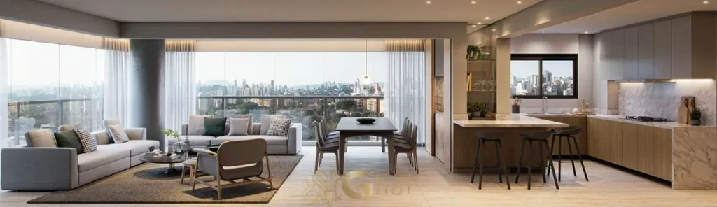 Sala e terraço integrados do apartamento decorado de 153 m² no Ibirapuera Park Houses