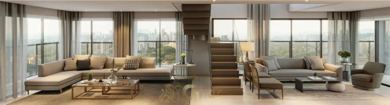 Living do apartamento duplex decorado de 281 m² no Ibirapuera Park Houses