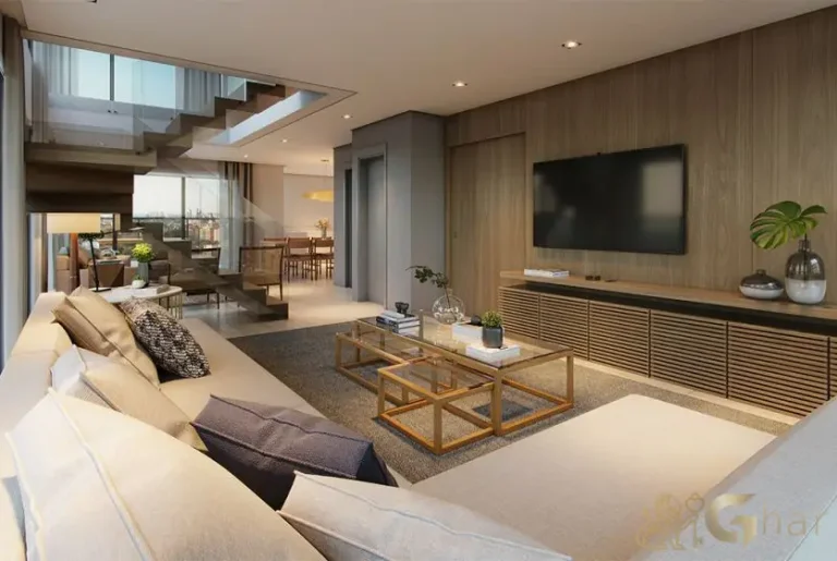 Living da cobertura duplex decorada de 281 m² no Ibirapuera Park Houses