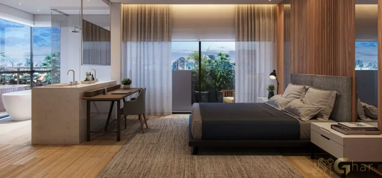 Suíte da cobertura duplex decorada de 281 m² no Ibirapuera Park Houses