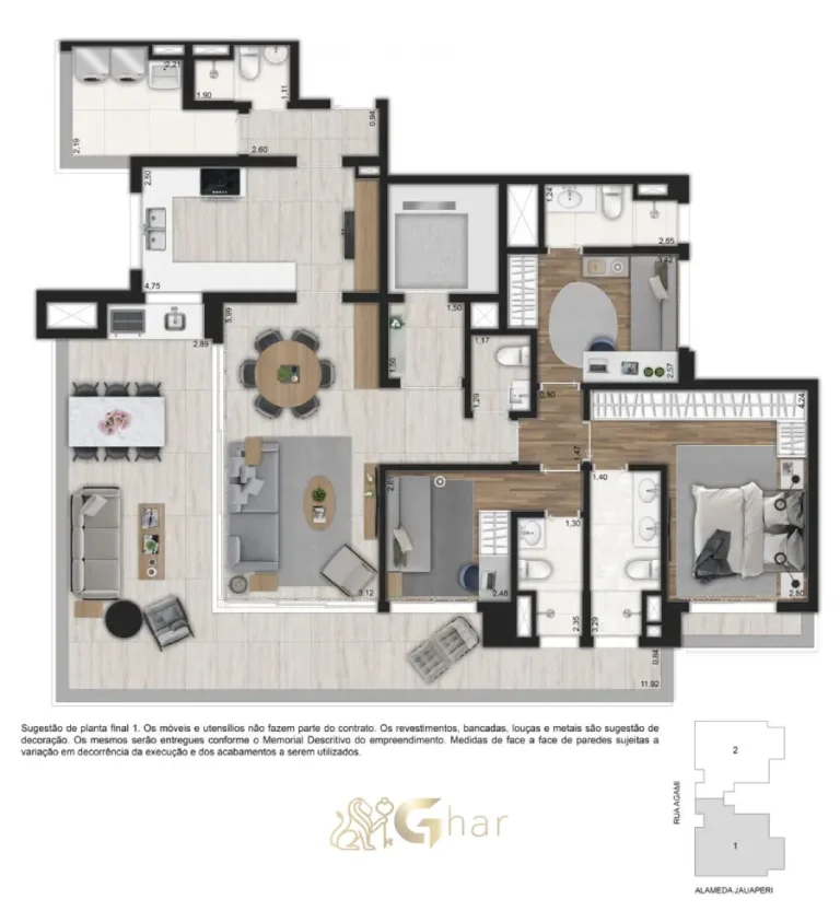 Planta do apartamento de 153 m² com 3 suítes no Ibirapuera Park Houses