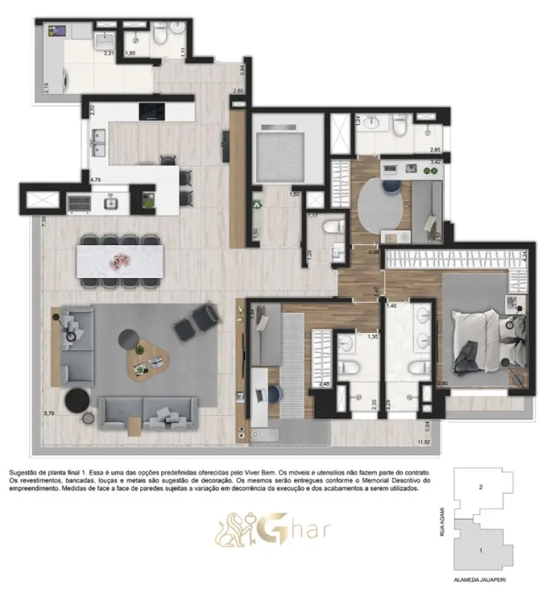Planta humanizada do apartamento de 153 m² no Ibirapuera Park Houses