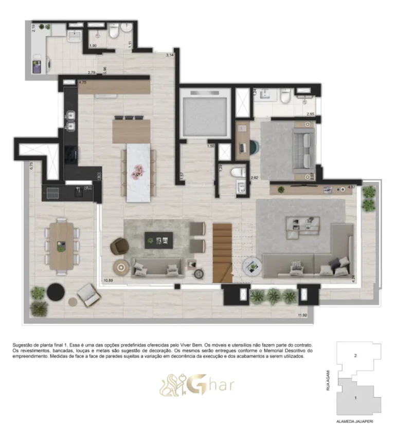 Planta da cobertura duplex inferior de 281 m² no Ibirapuera Park Houses