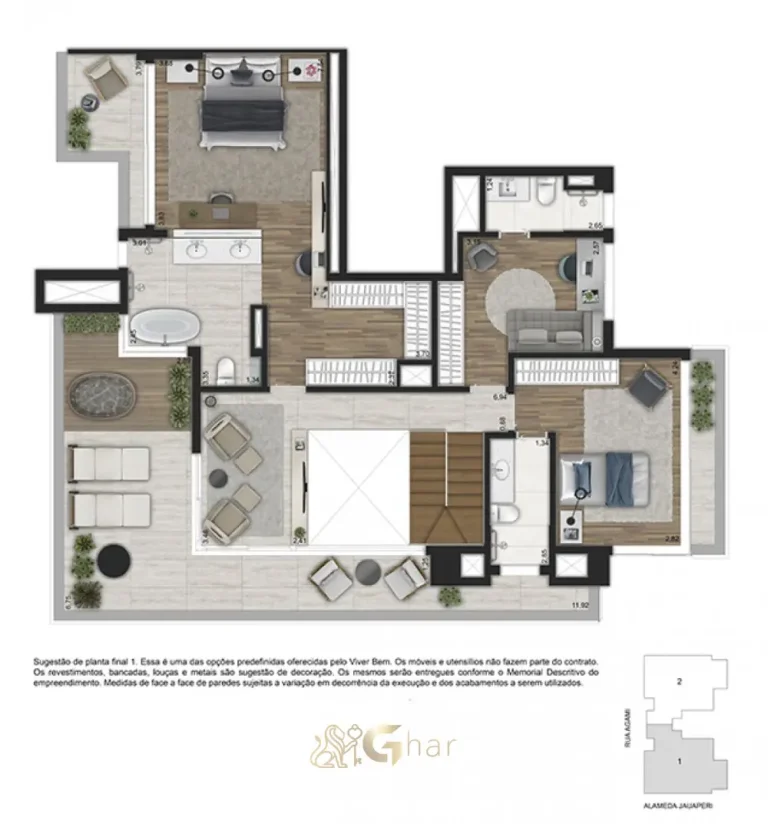 Planta da cobertura duplex superior de 281 m² no Ibirapuera Park Houses