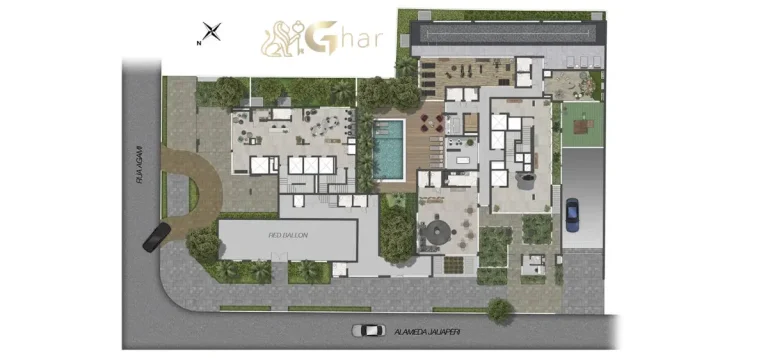 Planta de implantação do térreo do condomínio Ibirapuera Park Houses