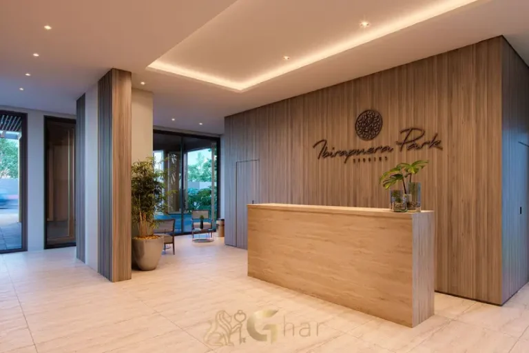 Lobby do Ibirapuera Park Studios em Moema com design moderno e elegante