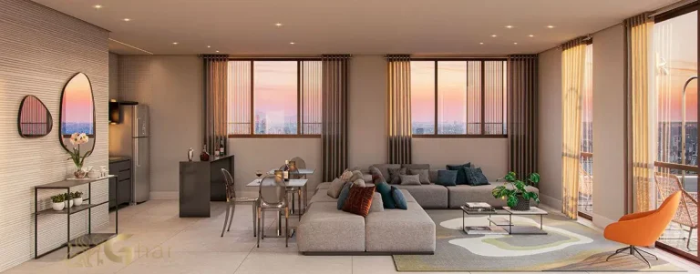 Lounge do Ibirapuera Park Studios em Moema com ambiente de convivência moderno