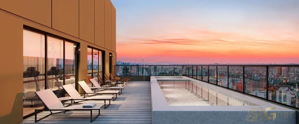 Piscina na cobertura do Ibirapuera Park Studios em Moema com área de lazer completa