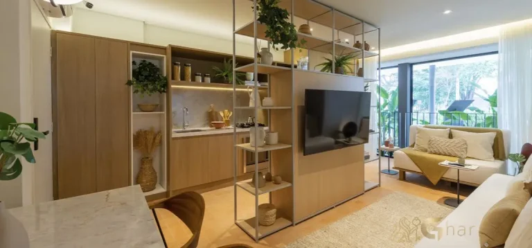 Living integrado do apartamento decorado 63m² no Invert Campo Belo