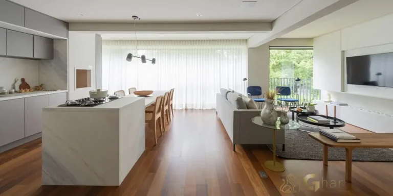 Living e terraço integrados do apartamento decorado 105m² no Invert Campo Belo