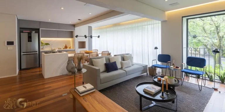 Sala e terraço integrados do apartamento decorado 105m² no Invert Campo Belo