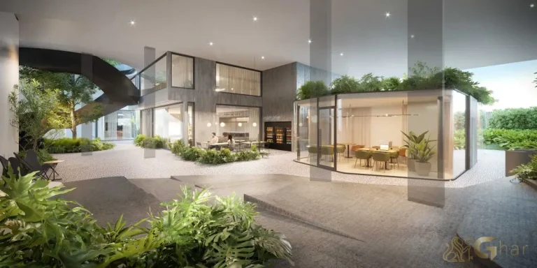 Alameda e área comum do Invert Campo Belo com paisagismo e espaços de convivência