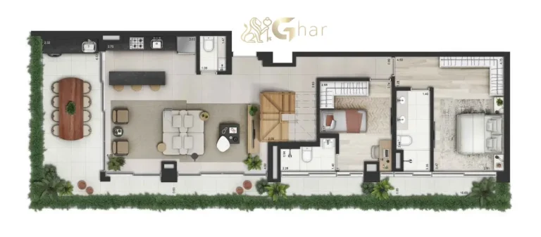 Planta inferior da cobertura duplex 217m² da Torre A no Invert Campo Belo