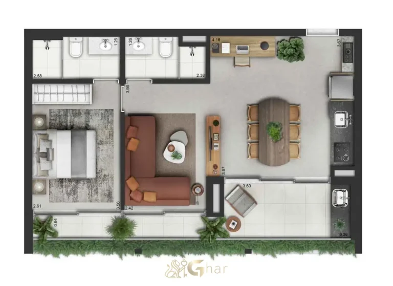 Planta do apartamento Tipo B Torre A 63m² no Invert Campo Belo