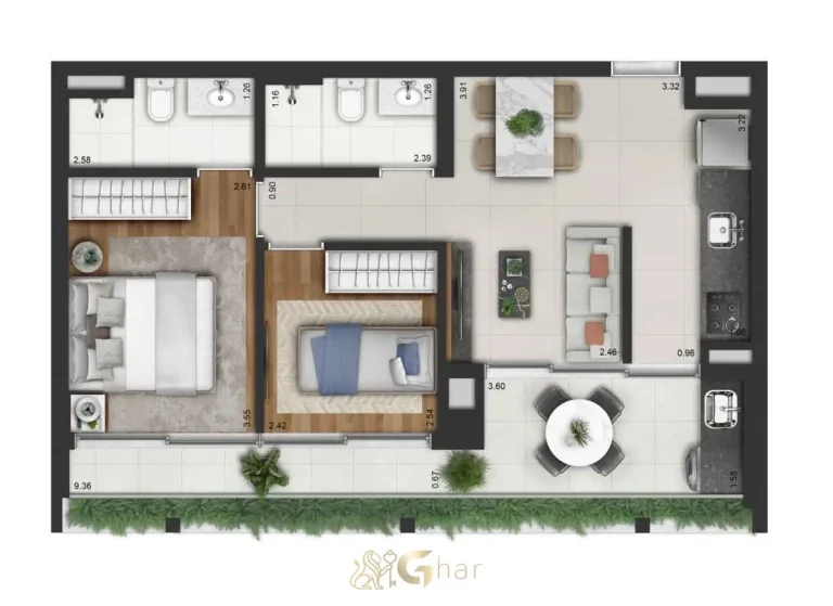 Planta do apartamento Tipo C Torre A 63m² no Invert Campo Belo