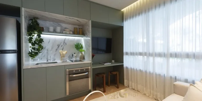 Detalhe da cozinha do studio decorado de 35m² no Invert Campo Belo Studios em São Paulo