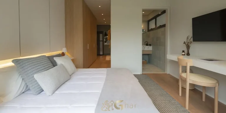 Detalhe do quarto do studio decorado de 35m² no Invert Campo Belo Studios no Campo Belo