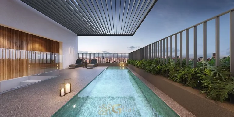 Piscina na cobertura do Invert Campo Belo Studios no Campo Belo, lazer rooftop em condomínio de studios em São Paulo