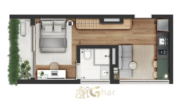 Planta do apartamento de 1 dormitório com 35m² do Invert Campo Belo Studios no Campo Belo