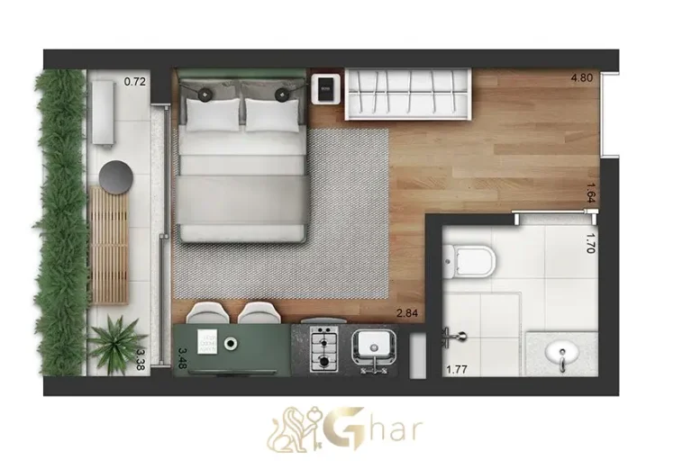 Planta do studio de 24m² do Invert Campo Belo Studios no Campo Belo, apartamento compacto em São Paulo