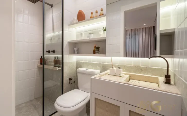 Banheiro do apartamento decorado do Like Campo Limpo com acabamento moderno