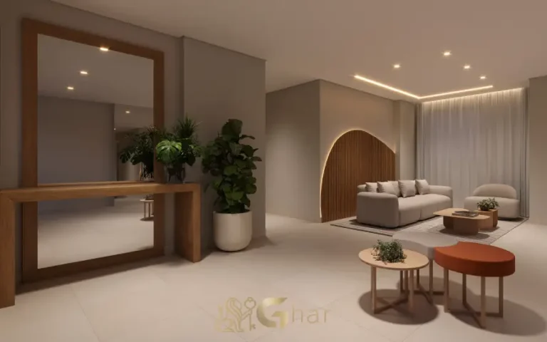 Lobby de entrada do condomínio Like Campo Limpo com design moderno