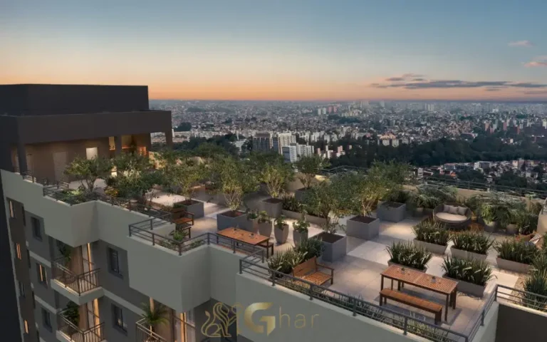 Lounge no rooftop do Like Campo Limpo com área de convivência