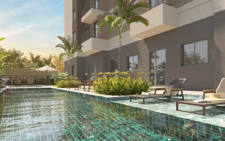 Piscina do condomínio Like Campo Limpo com área de lazer para adultos e crianças