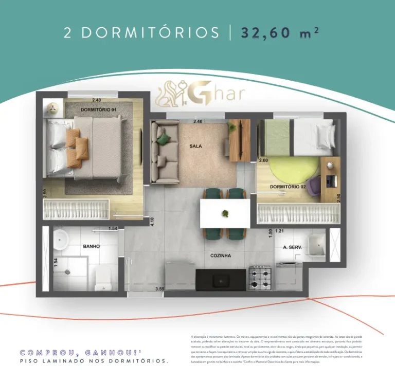 Planta de apartamento 2 dormitórios 32,60 m² no Like Campo Limpo