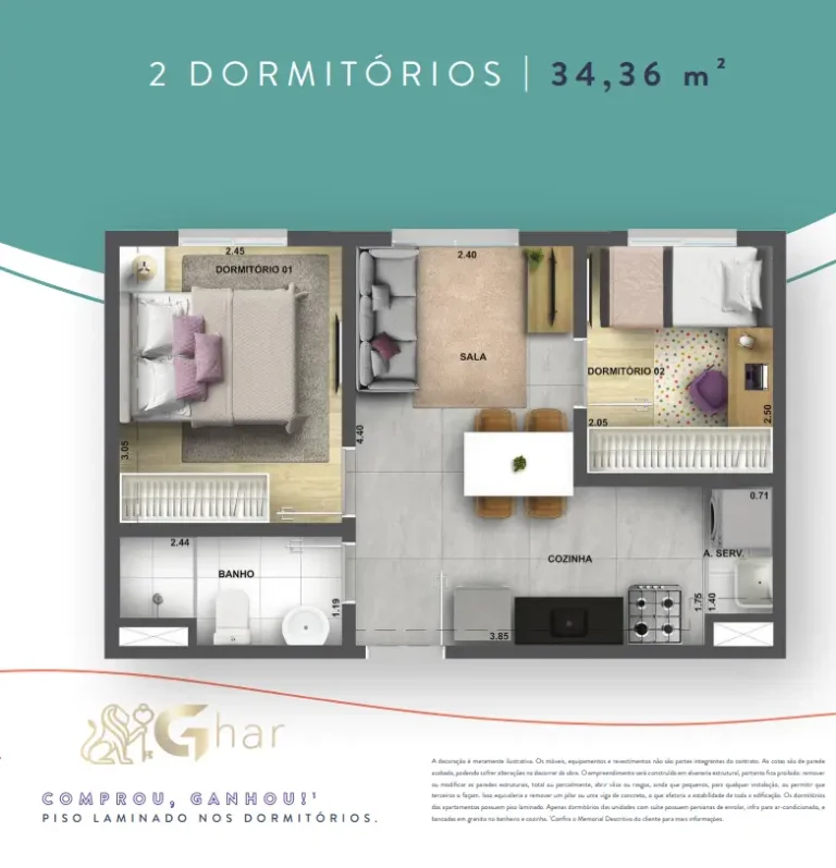 Planta de apartamento 2 dormitórios 34,36 m² no Like Campo Limpo