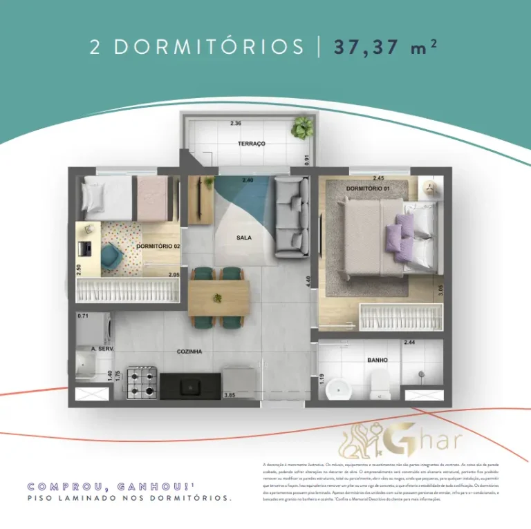 Planta de apartamento 2 dormitórios 37,37 m² no Like Campo Limpo