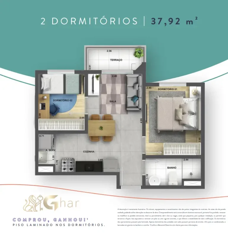 Planta de apartamento 2 dormitórios 37,92 m² no Like Campo Limpo