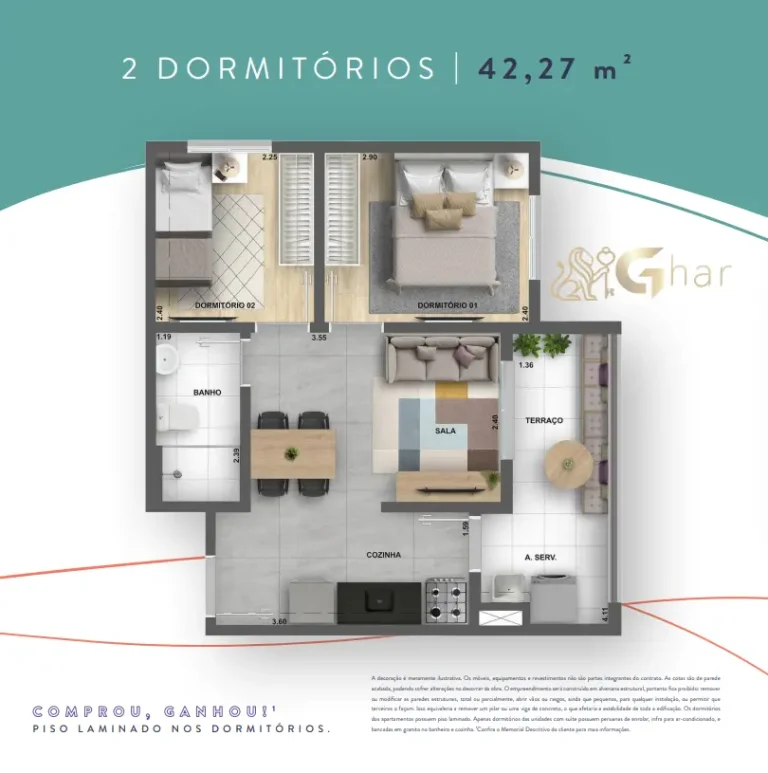 Planta de apartamento 2 dormitórios 42,27 m² no Like Campo Limpo