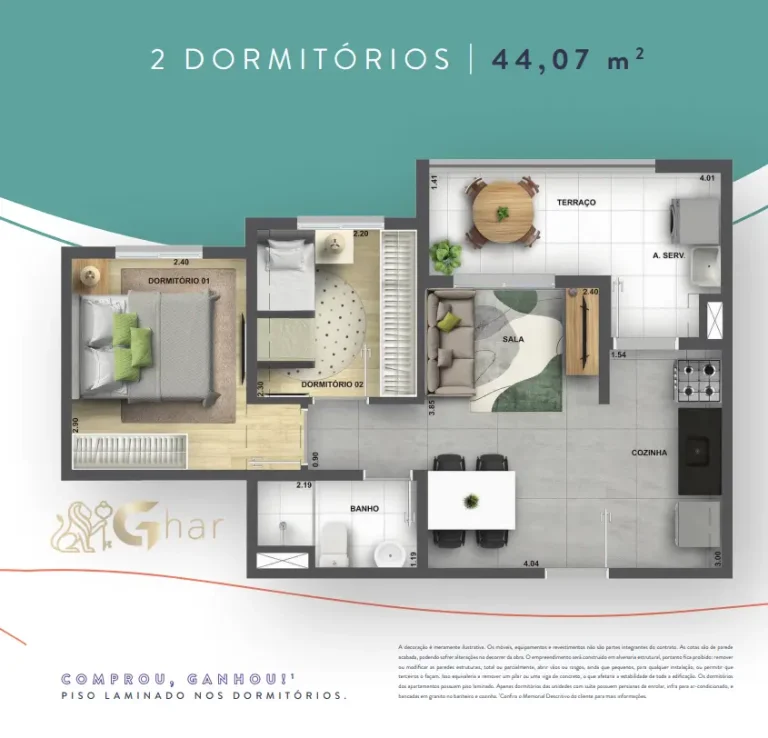 Planta de apartamento 2 dormitórios 44,07 m² no Like Campo Limpo