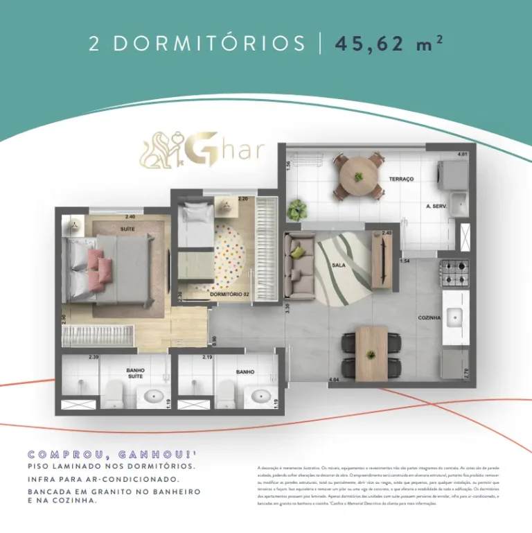 Planta de apartamento 2 dormitórios 45,62 m² no Like Campo Limpo