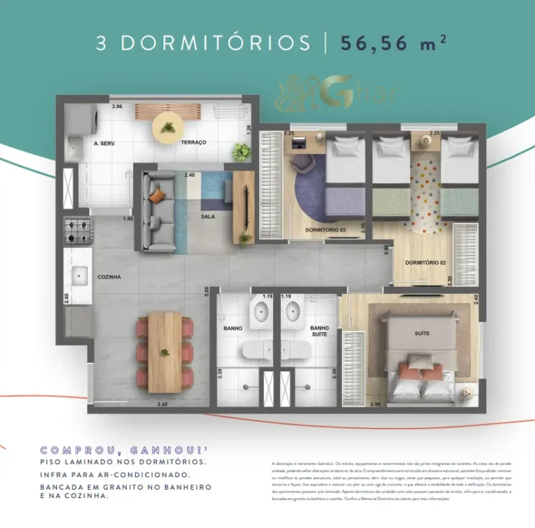Planta de apartamento 3 dormitórios 56,56 m² no Like Campo Limpo