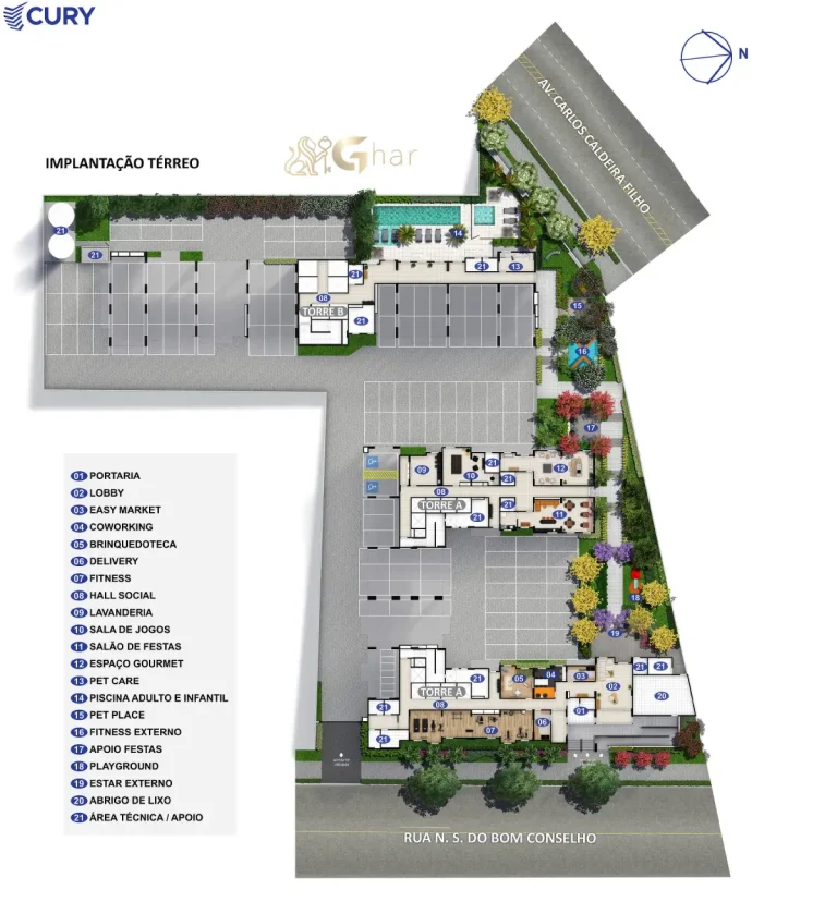 Planta de implantação do térreo do condomínio Like Campo Limpo
