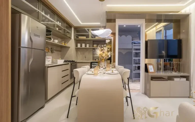 Apartamento decorado do Live Campo Limpo com sala de jantar e cozinha aberta