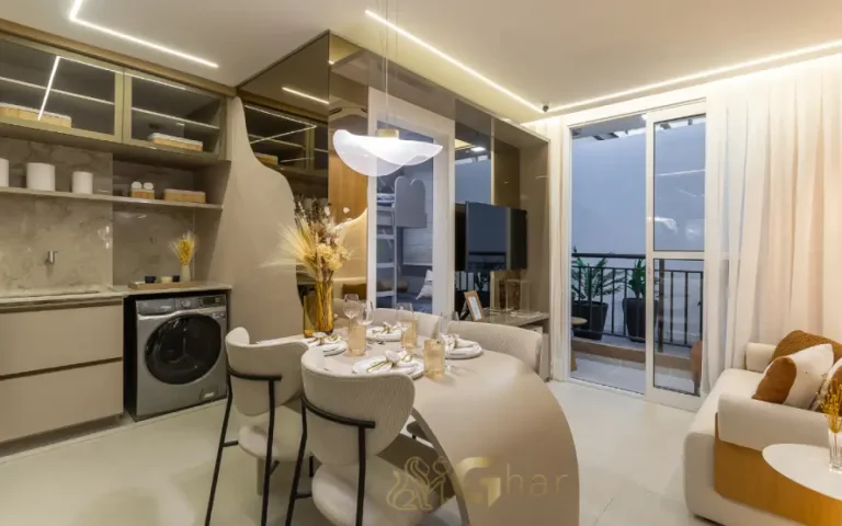 Sala de jantar com terraço no apartamento decorado do Live Campo Limpo