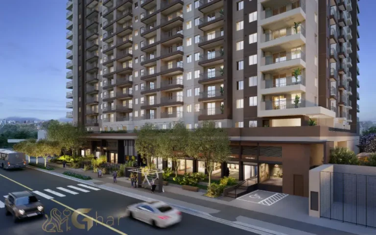 Fachada com lojas e portaria do condomínio Live Campo Limpo