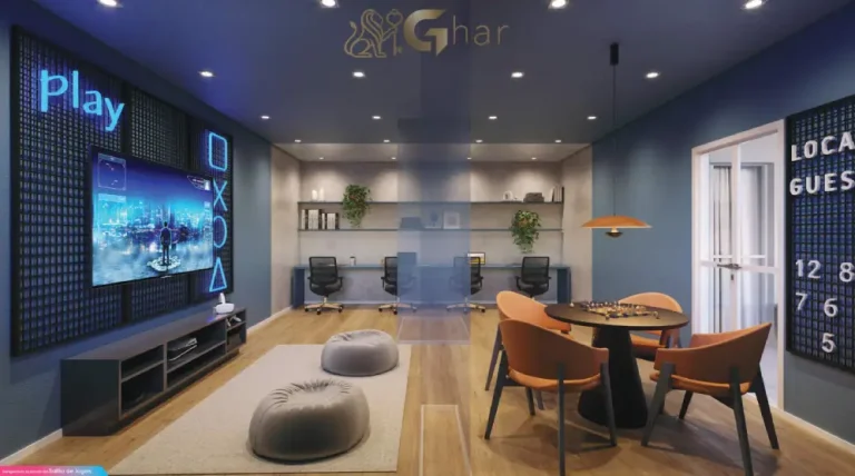 Salão de jogos do condomínio Live Campo Limpo com espaço para games e lazer