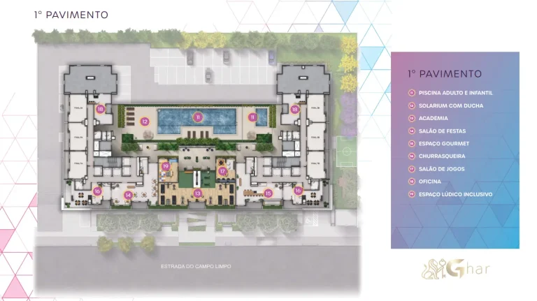 Planta de implantação do 1º pavimento com lazer do Live Campo Limpo