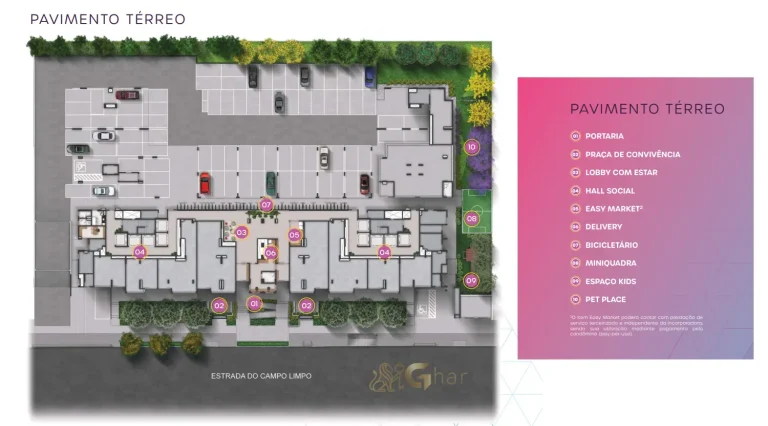 Planta de implantação do térreo com lazer do condomínio Live Campo Limpo