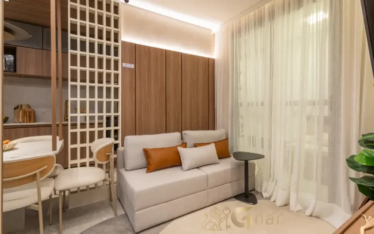 Sala de estar do apartamento decorado Lyne Campo Limpo em São Paulo