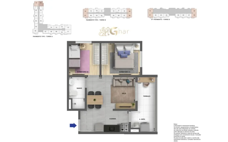 Planta de apartamento 2 dormitórios varanda 42 m² Lyne Campo Limpo