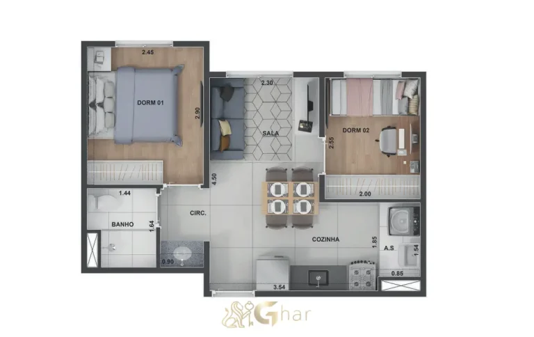 Planta de apartamento 2 dormitórios 34 m² Lyne Campo Limpo