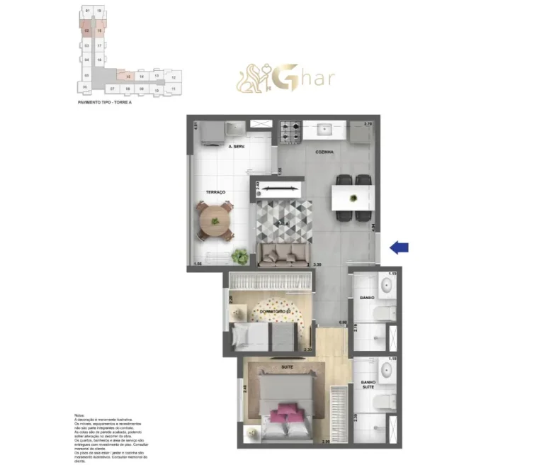 Planta de apartamento 2 dormitórios suíte varanda 45 m² Lyne Campo Limpo