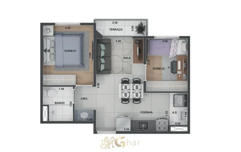 Planta de apartamento 2 dormitórios varanda 36 m² Lyne Campo Limpo